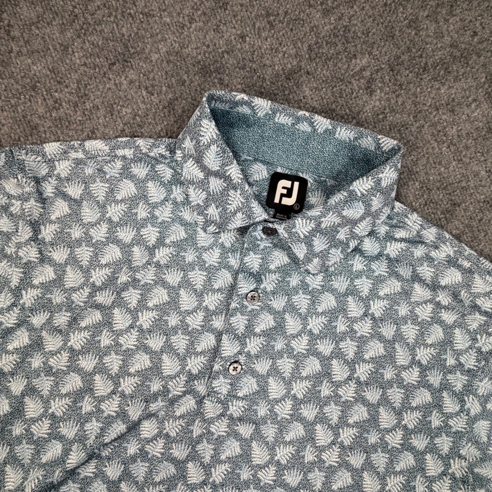 FootJoy Mens Large Blue Fern AOP Short Sleeve Golf Performance Polo Shirt 0868